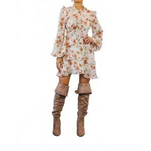 NEW SURELYMINE bubble sleeves floral cutout laced mini dress in beige